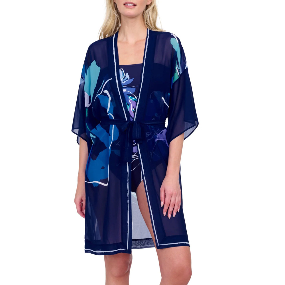 GOTTEX WATER LILY BLUE FLUTTER SLEEVE WITH TIE KIMONO ROBE SWIM COVER-UP SZ L